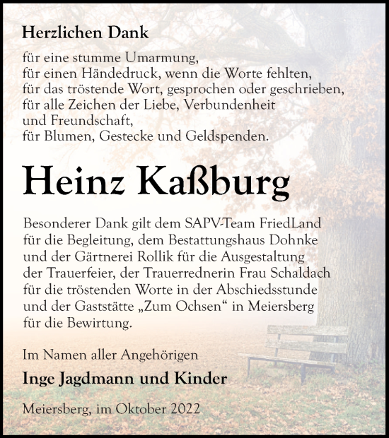 Traueranzeige von Heinz Kaßburg von Haff-Zeitung