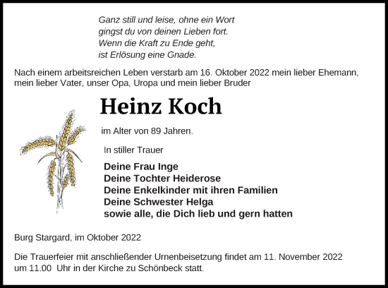 Traueranzeige von Heinz Koch von Strelitzer Zeitung