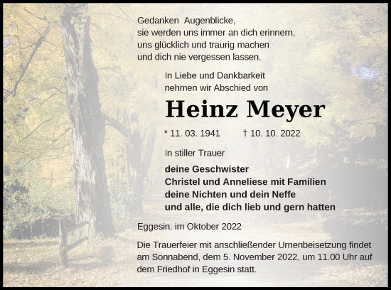 Traueranzeige von Heinz Meyer von Haff-Zeitung