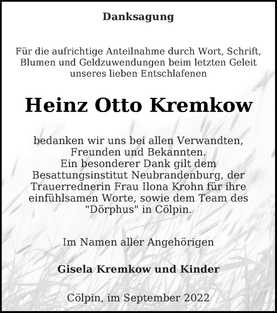 Traueranzeige von Heinz Otto Kremkow von Neubrandenburger Zeitung