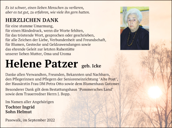 Traueranzeige von Helene Patzer von Pasewalker Zeitung