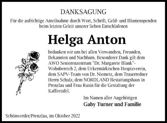 Traueranzeige von Helga Anton von Prenzlauer Zeitung