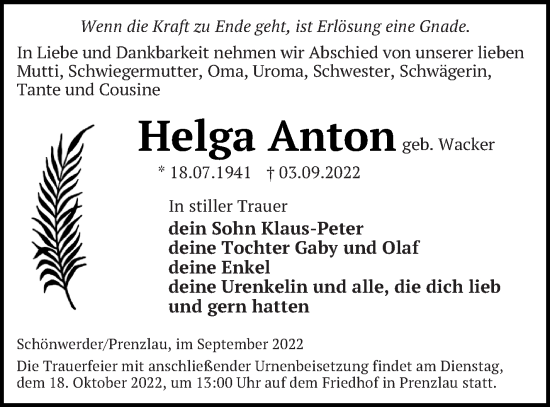 Traueranzeige von Helga Anton von Prenzlauer Zeitung