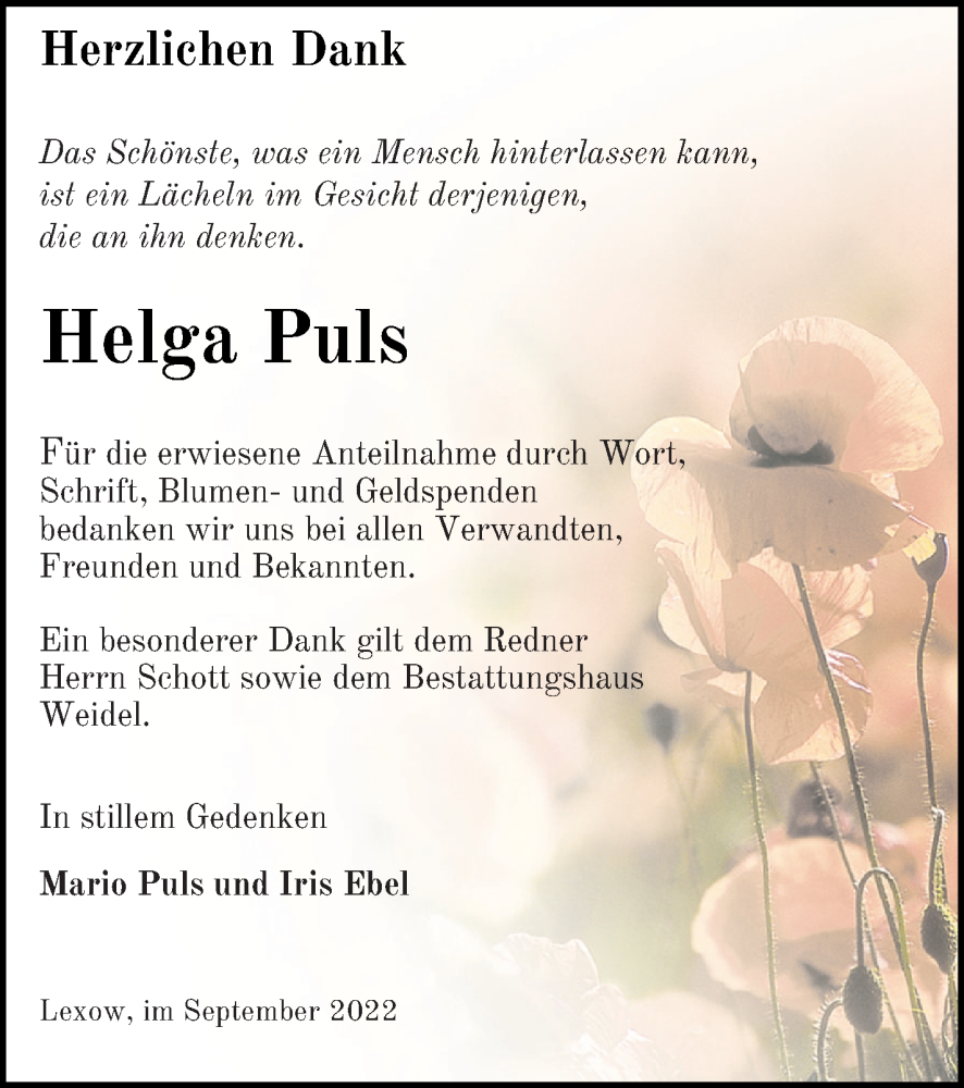  Traueranzeige für Helga Puls vom 01.10.2022 aus Müritz-Zeitung