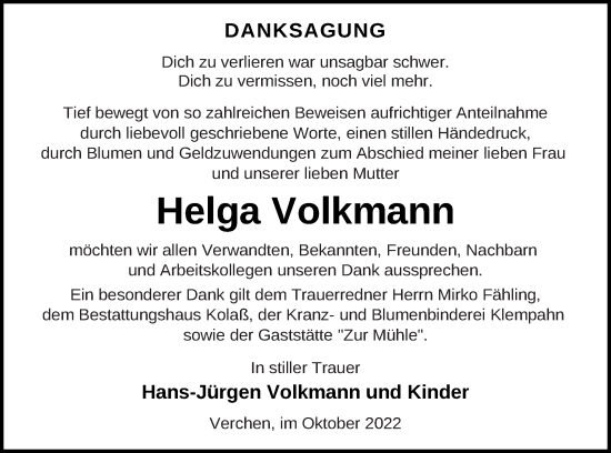 Traueranzeige von Helga Volkmann von Demminer Zeitung