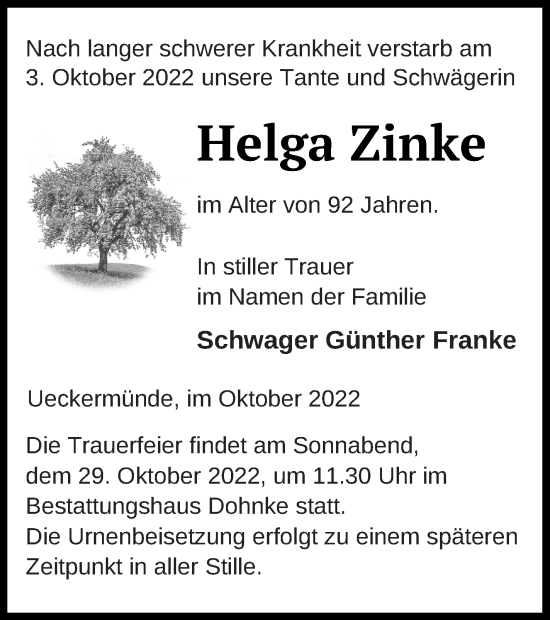 Traueranzeige von Helga Zinke von Haff-Zeitung