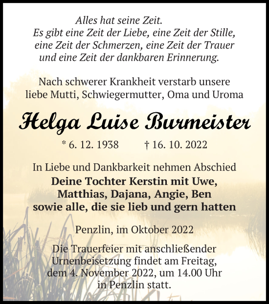 Traueranzeige von Helga Luise Burmeister von Müritz-Zeitung