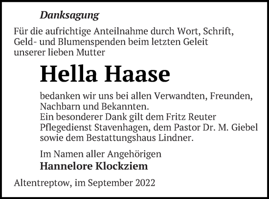 Traueranzeige von Hella Haase von Neubrandenburger Zeitung