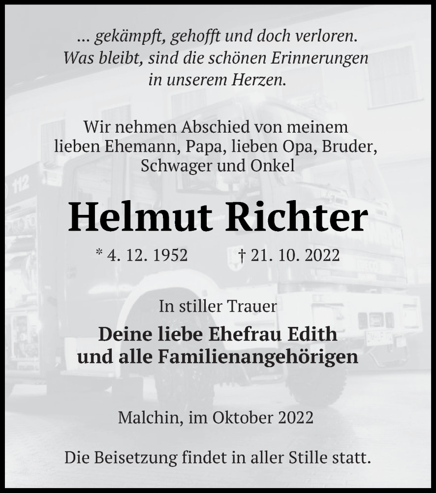  Traueranzeige für Helmut Richter vom 27.10.2022 aus Mecklenburger Schweiz