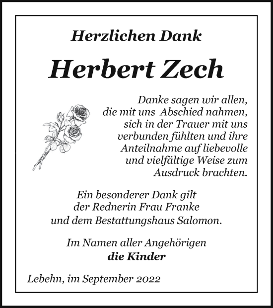 Traueranzeige von Herbert Zech von Pasewalker Zeitung