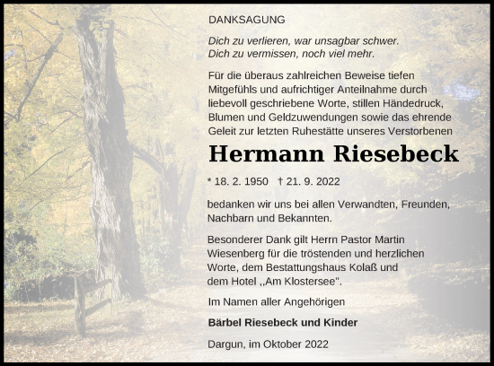 Traueranzeige von Hermann Riesebeck von Vorpommern Kurier