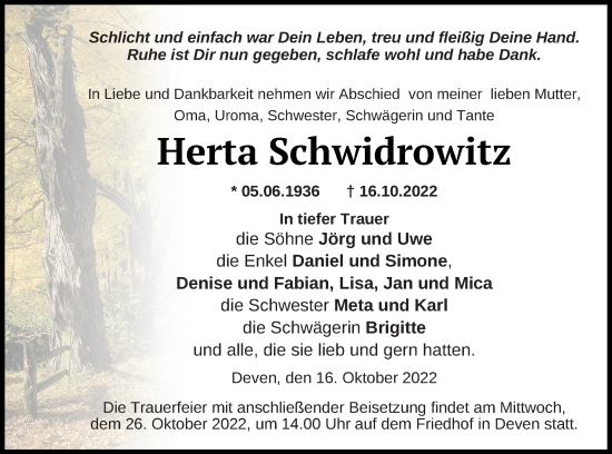 Traueranzeige von Herta Schwidrowitz von Müritz-Zeitung