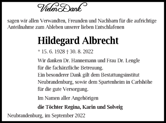 Traueranzeige von Hildegard Albrecht von Neubrandenburger Zeitung