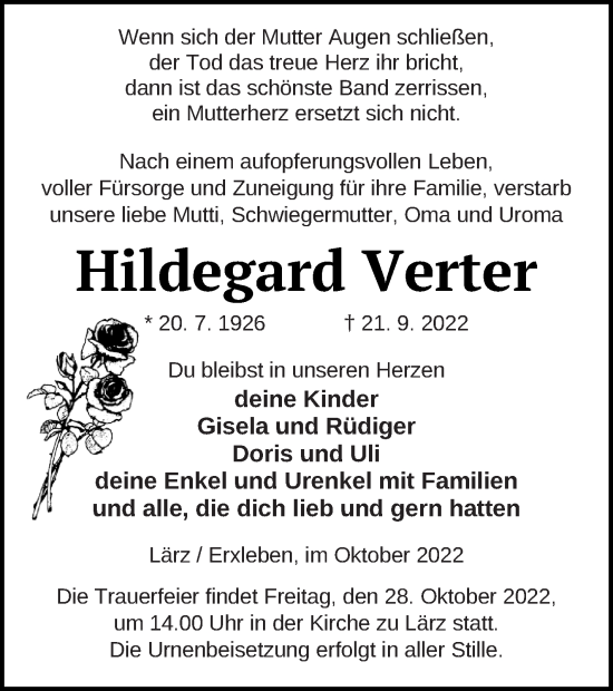 Traueranzeige von Hildegard Verter von Strelitzer Zeitung