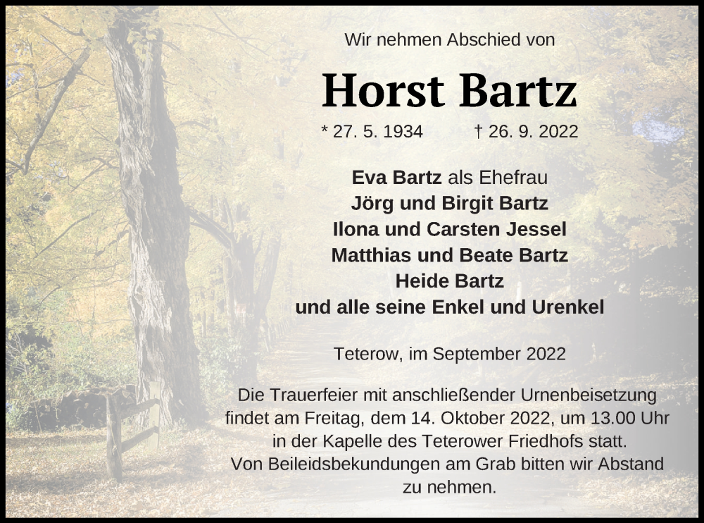  Traueranzeige für Horst Bartz vom 01.10.2022 aus Mecklenburger Schweiz