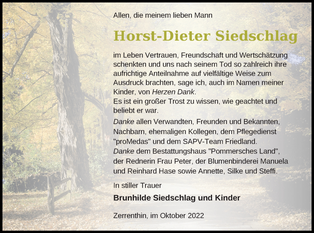  Traueranzeige für Horst-Dieter Siedschlag vom 29.10.2022 aus Pasewalker Zeitung