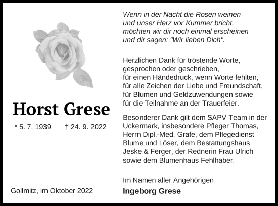 Traueranzeige von Horst Grese von Prenzlauer Zeitung