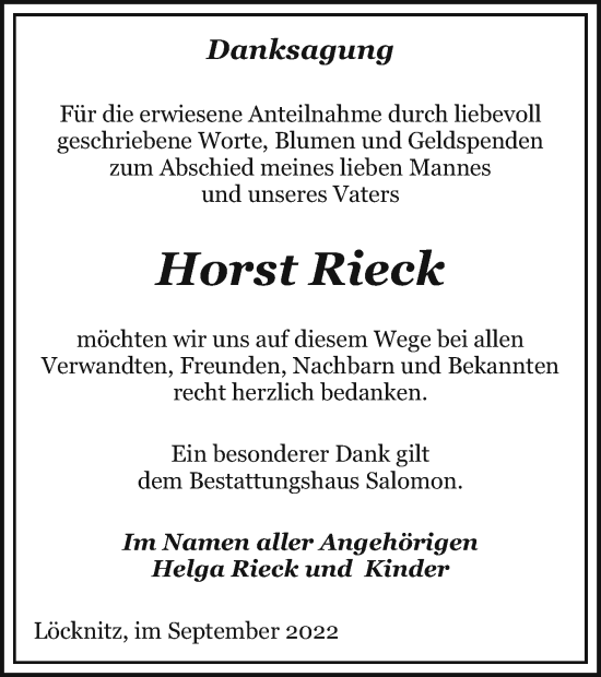 Traueranzeige von Horst Rieck von Pasewalker Zeitung