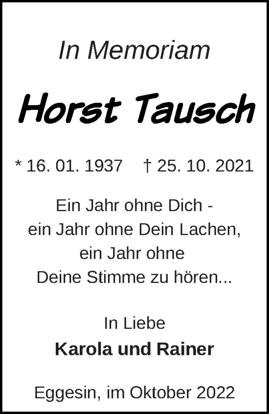 Traueranzeige von Horst Tausch von Haff-Zeitung