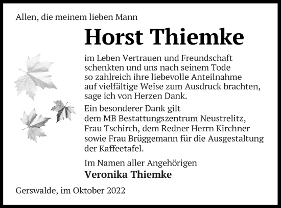 Traueranzeige von Horst Thiemke von Templiner Zeitung