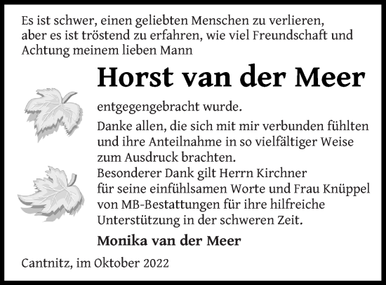 Traueranzeige von Horst van der Meer von Strelitzer Zeitung