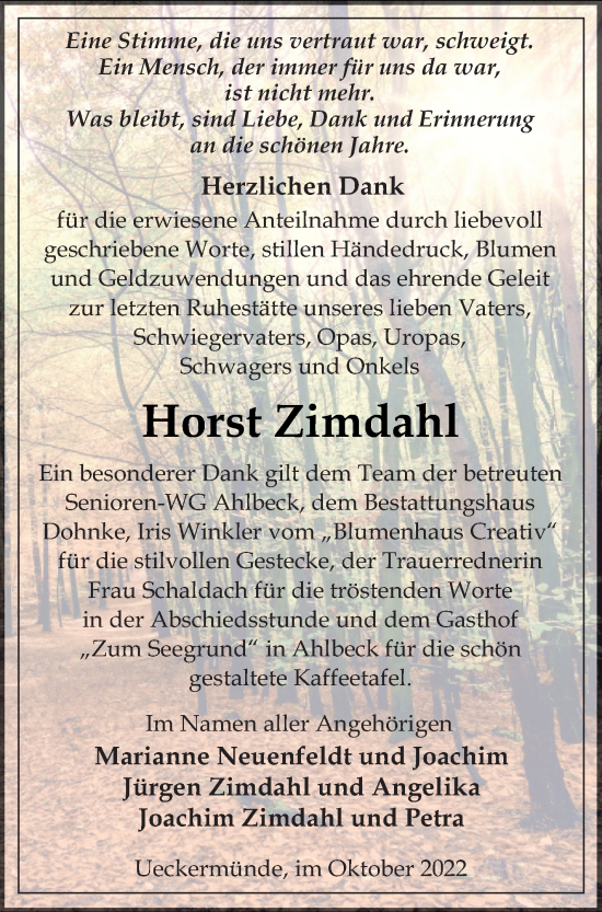 Traueranzeige von Horst Zimdahl von Haff-Zeitung