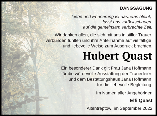 Traueranzeige von Hubert Ouast von Neubrandenburger Zeitung