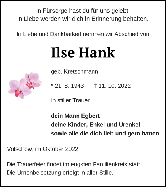 Traueranzeige von Ilse Hank von Vorpommern Kurier