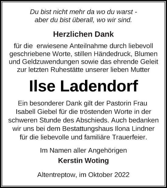 Traueranzeige von Ilse Ladendorf von Neubrandenburger Zeitung