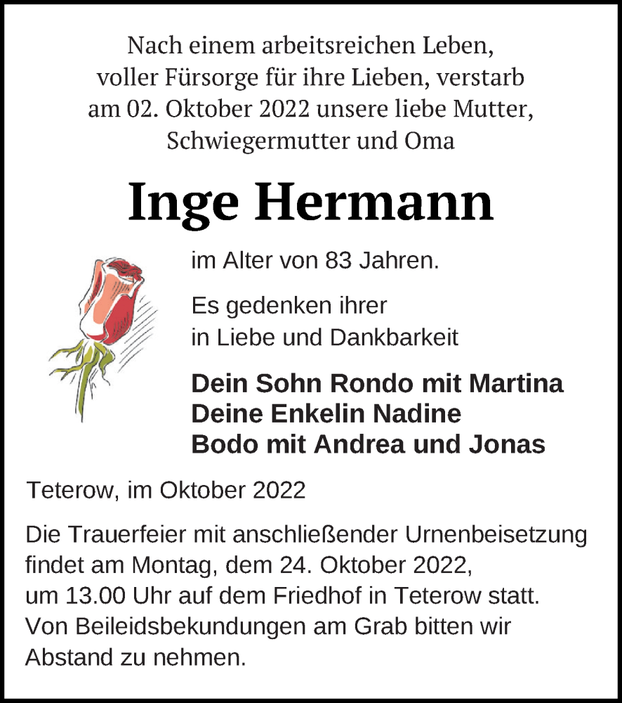  Traueranzeige für Inge Hermann vom 14.10.2022 aus Mecklenburger Schweiz