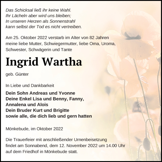 Traueranzeige von Ingrid Wartha von Haff-Zeitung