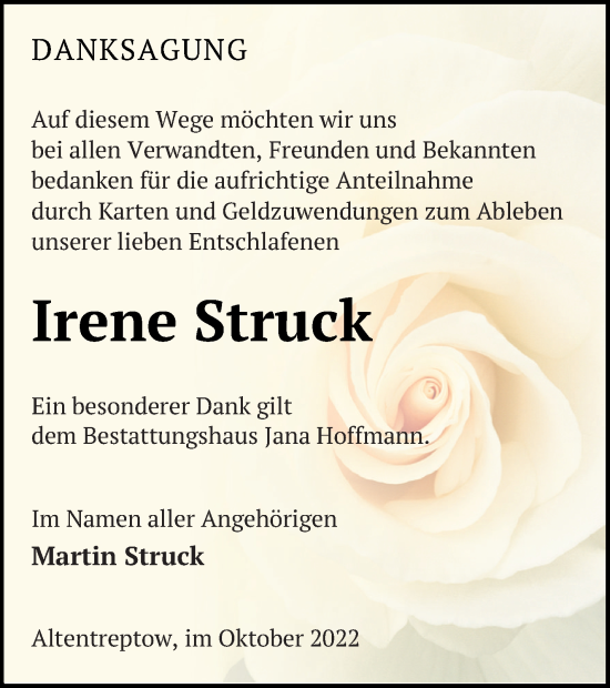 Traueranzeige von Irene Struck von Neubrandenburger Zeitung