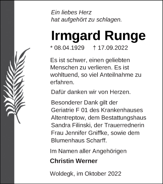 Traueranzeige von Irmgard Runge von Strelitzer Zeitung