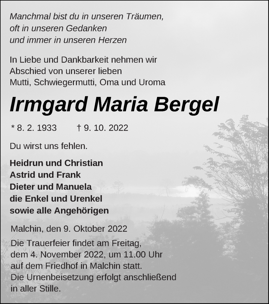  Traueranzeige für Irmgard Maria Bergel vom 14.10.2022 aus Mecklenburger Schweiz