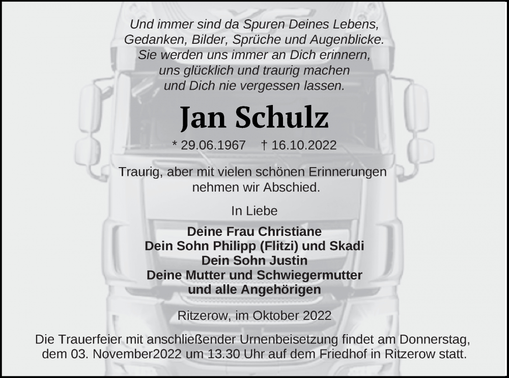  Traueranzeige für Jan Schulz vom 25.10.2022 aus Mecklenburger Schweiz