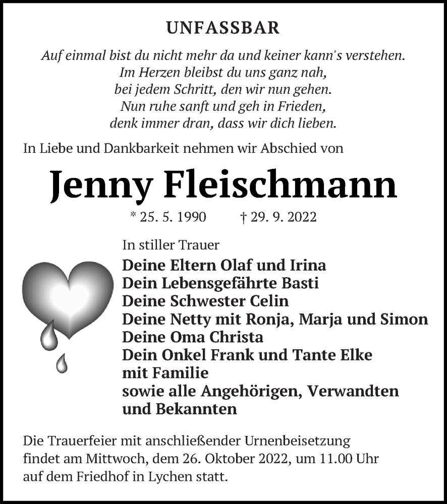  Traueranzeige für Jenny Fleischmann vom 15.10.2022 aus Templiner Zeitung