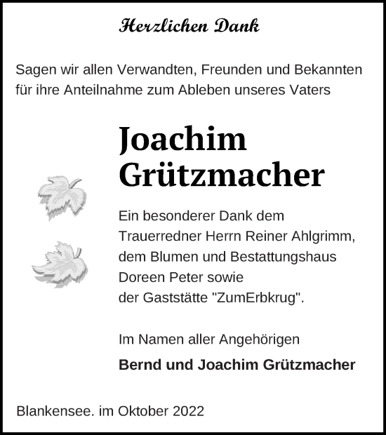 Traueranzeige von Joachim Grützmacher von Neubrandenburger Zeitung