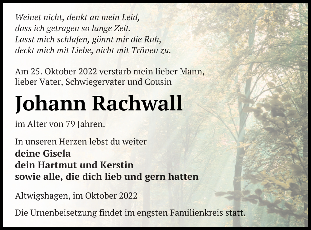  Traueranzeige für Johann Rachwall vom 29.10.2022 aus Haff-Zeitung