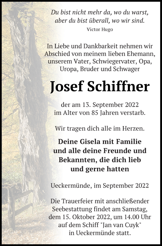 Traueranzeige von Josef Schiffner von Haff-Zeitung
