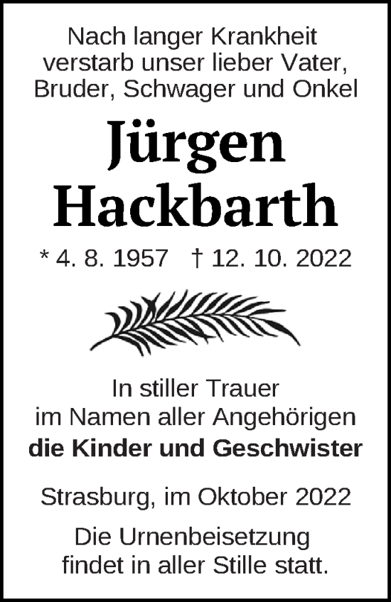 Traueranzeige von Jürgen Hackbarth von Pasewalker Zeitung