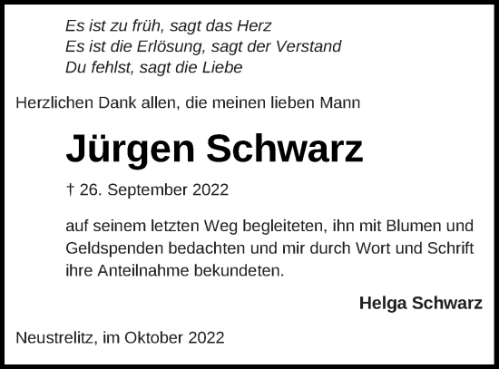 Traueranzeige von Jürgen Schwarz von Strelitzer Zeitung