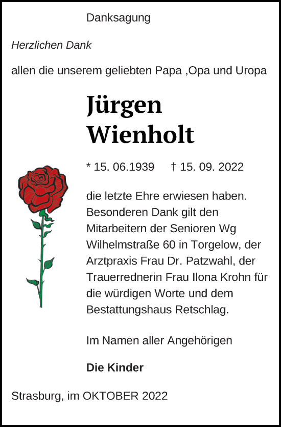 Traueranzeige von Jürgen Wienholt von Pasewalker Zeitung