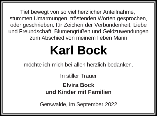 Traueranzeige von Karl Bock von Prenzlauer Zeitung