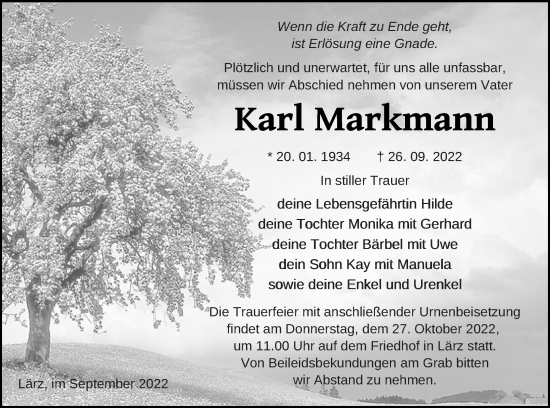 Traueranzeige von Karl Markmann von Strelitzer Zeitung