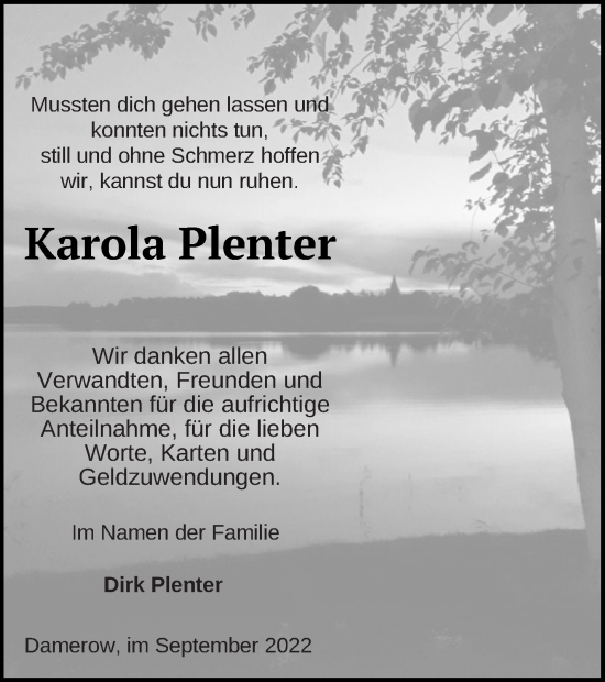 Traueranzeige von Karola Plenter von Müritz-Zeitung