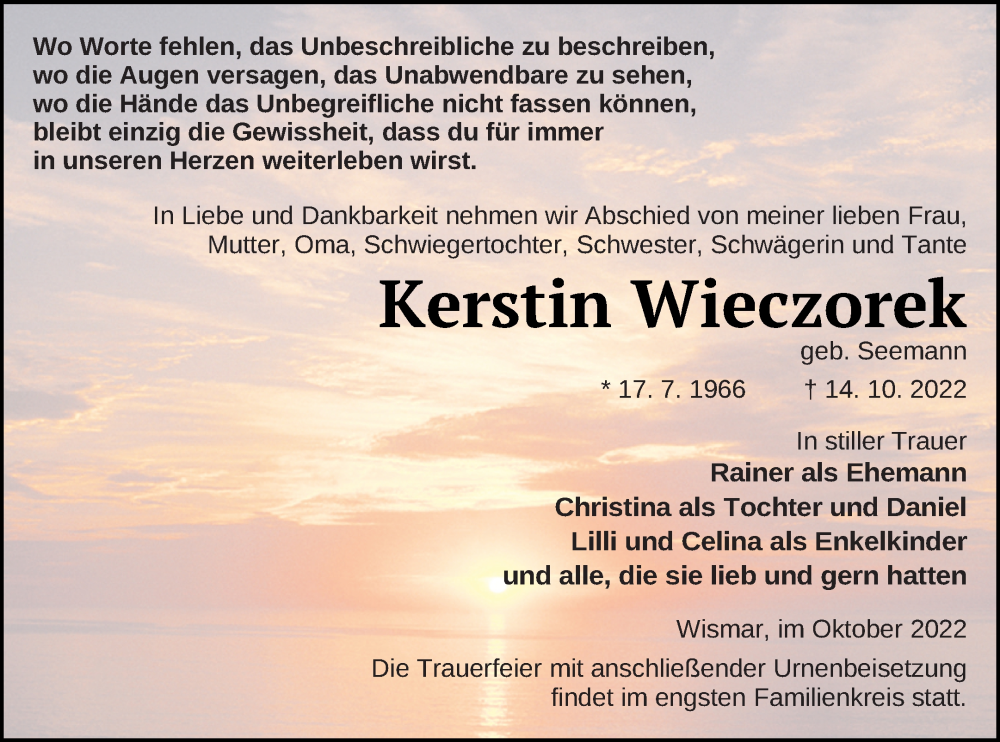  Traueranzeige für Kerstin Wieczorek vom 21.10.2022 aus Pasewalker Zeitung