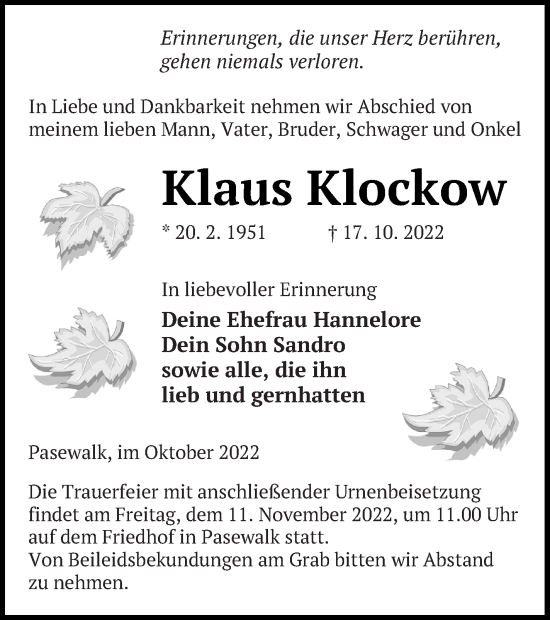 Traueranzeige von Klaus Klockow von Pasewalker Zeitung