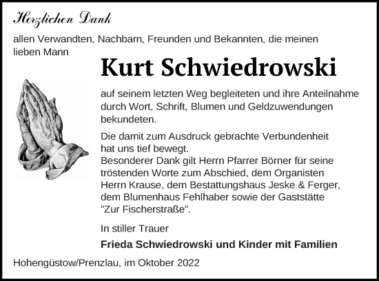 Traueranzeige von Kurt Schwiedrowski von Prenzlauer Zeitung