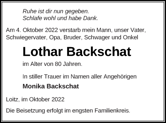 Traueranzeige von Lothar Backschat von Vorpommern Kurier