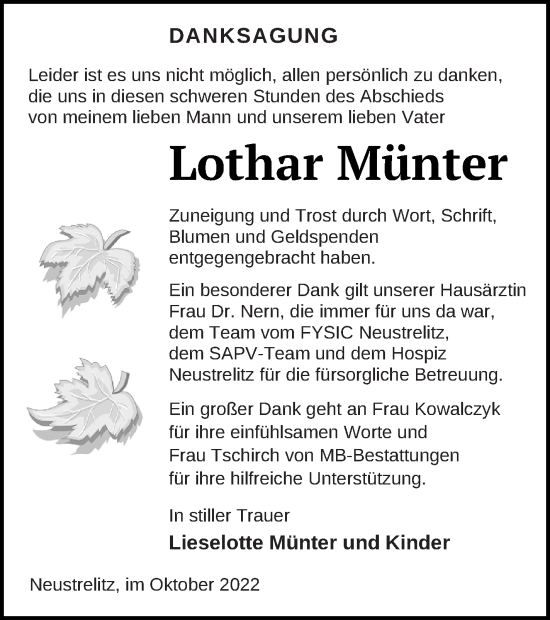 Traueranzeige von Lothar Münter von Strelitzer Zeitung